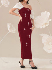 Modelyn Elegant Color Block Splice Women's Summer Long Dress With Rhinestone Decoration