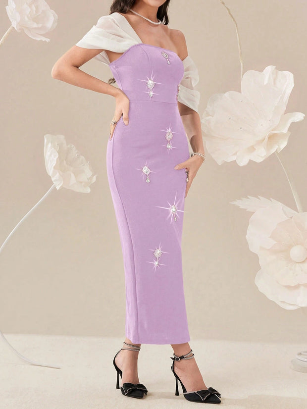 Modelyn Elegant Color Block Splice Women's Summer Long Dress With Rhinestone Decoration