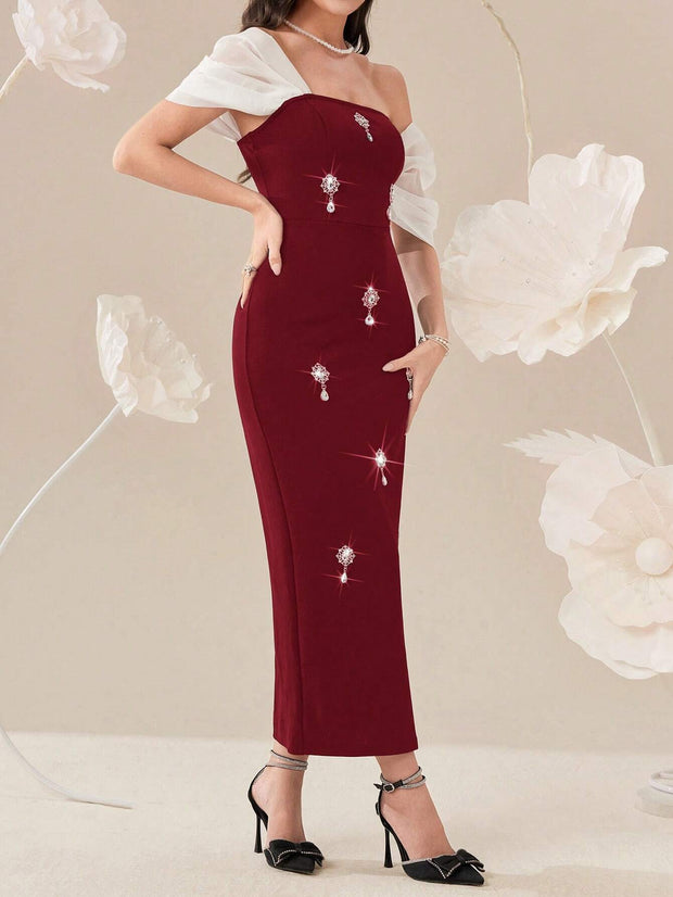 Modelyn Elegant Color Block Splice Women's Summer Long Dress With Rhinestone Decoration