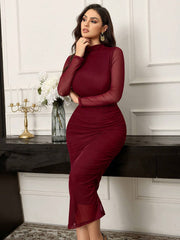 Seusyu Women's Solid Color Minimalist Long Sleeve Mesh Dress Maxi