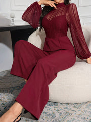 Modelyn Contrast Mesh Mock Neck Lantern Sleeve Wide Leg Jumpsuit