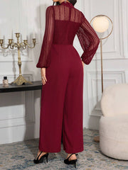 Modelyn Contrast Mesh Mock Neck Lantern Sleeve Wide Leg Jumpsuit