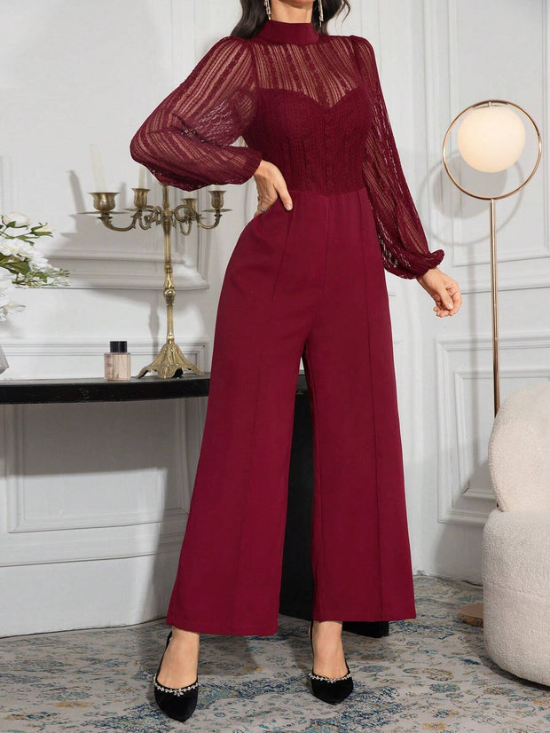 Modelyn Contrast Mesh Mock Neck Lantern Sleeve Wide Leg Jumpsuit