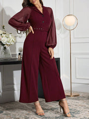 Modelyn Burgundy Red Women's Elegant Stand Collar Mesh Sleeve Jumpsuit