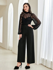 Modelyn Contrast Mesh Mock Neck Lantern Sleeve Wide Leg Jumpsuit