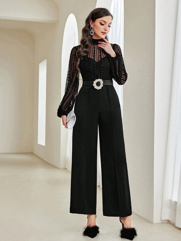Modelyn Contrast Mesh Mock Neck Lantern Sleeve Wide Leg Jumpsuit