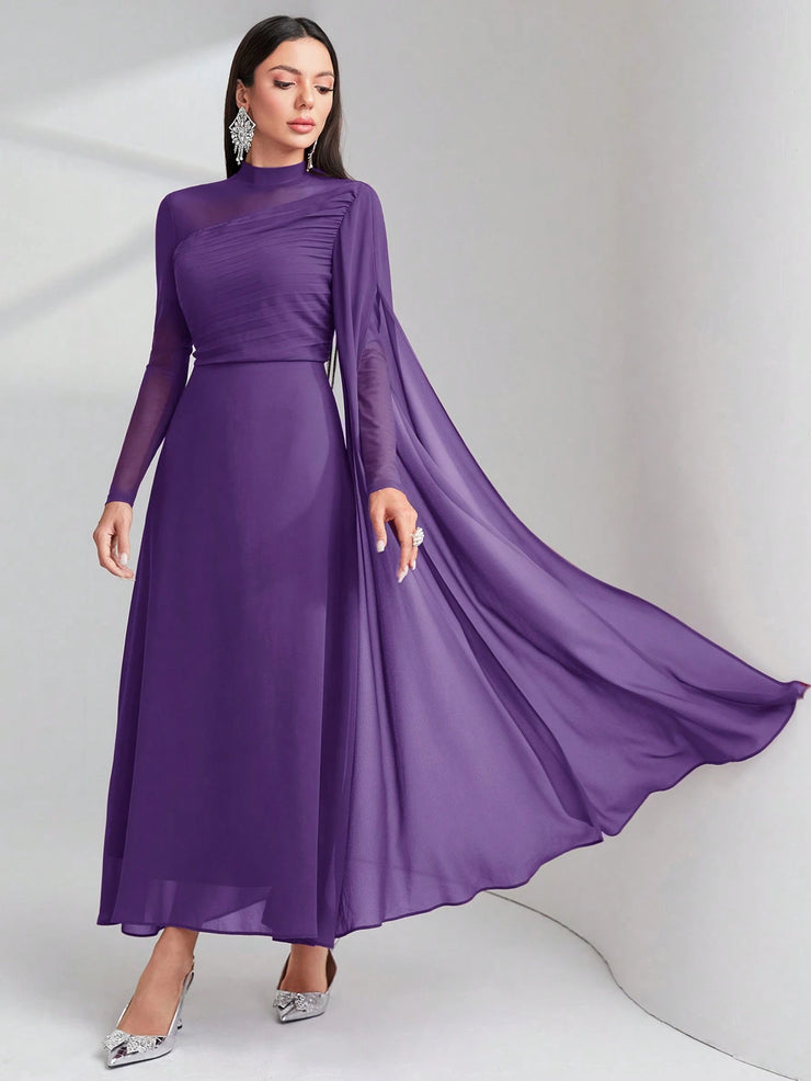 Modelyn Burgundy Red Contrast Mesh Ruched Dress With Sleeves Dress Long Evening Dresses