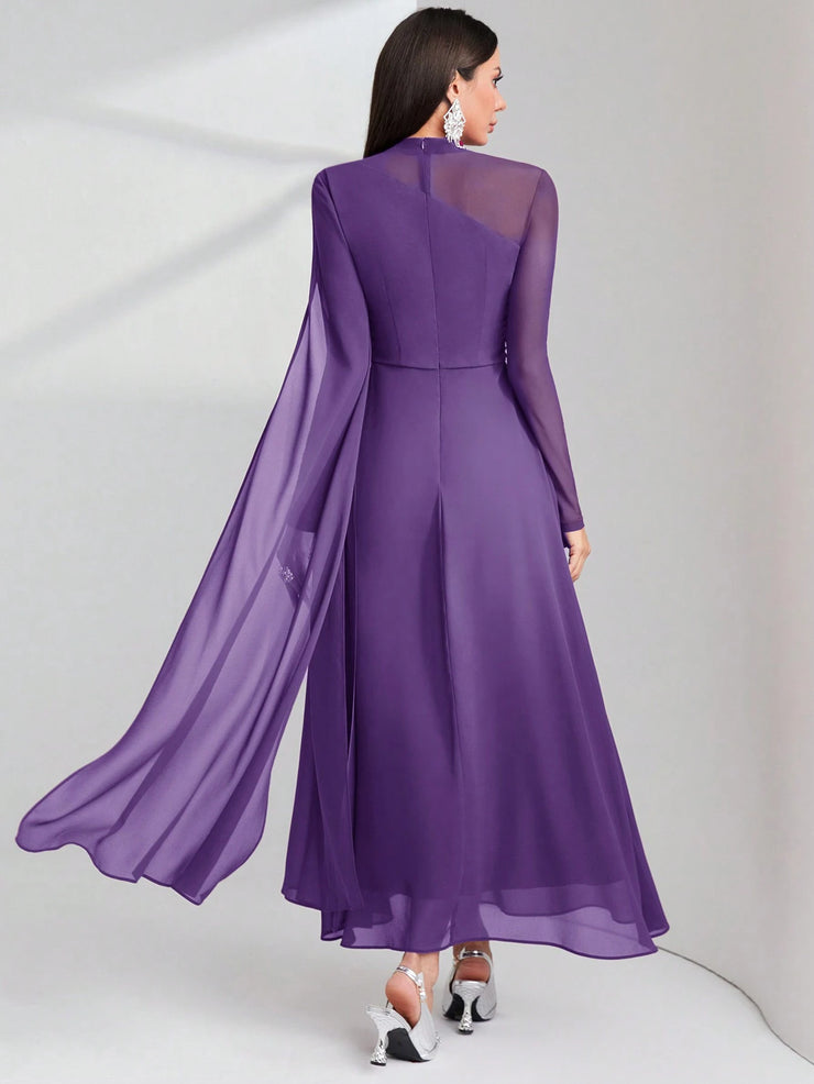 Modelyn Burgundy Red Contrast Mesh Ruched Dress With Sleeves Dress Long Evening Dresses