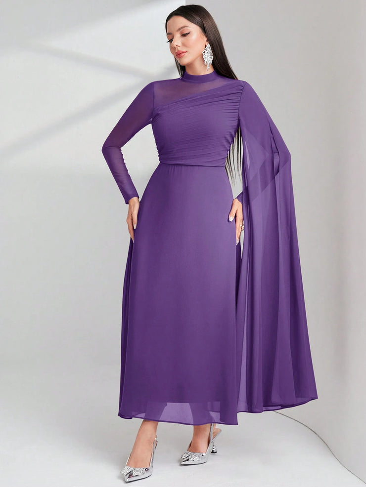 Modelyn Burgundy Red Contrast Mesh Ruched Dress With Sleeves Dress Long Evening Dresses