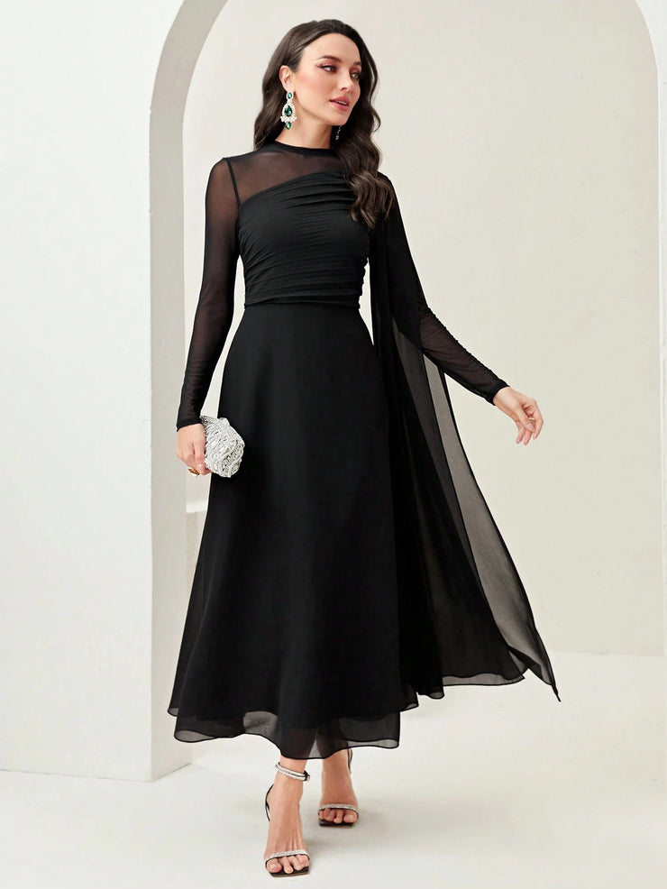 Modelyn Burgundy Red Contrast Mesh Ruched Dress With Sleeves Dress Long Evening Dresses