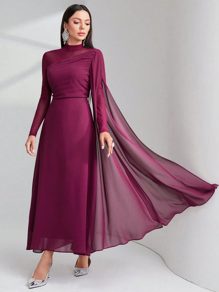 Modelyn Burgundy Red Contrast Mesh Ruched Dress With Sleeves Dress Long Evening Dresses