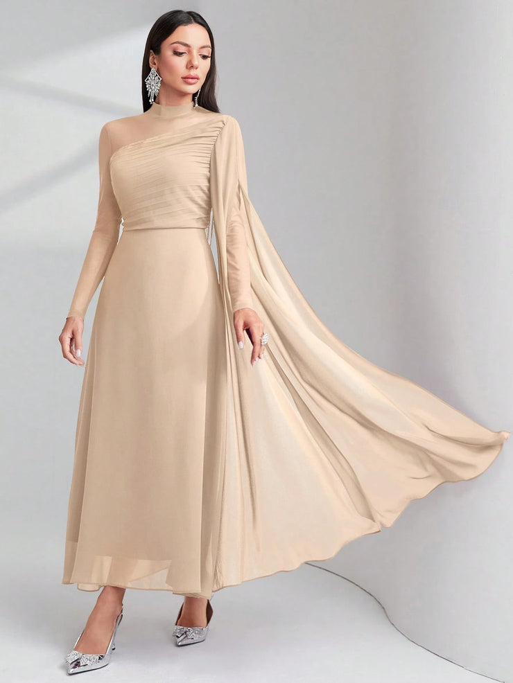 Modelyn Burgundy Red Contrast Mesh Ruched Dress With Sleeves Dress Long Evening Dresses