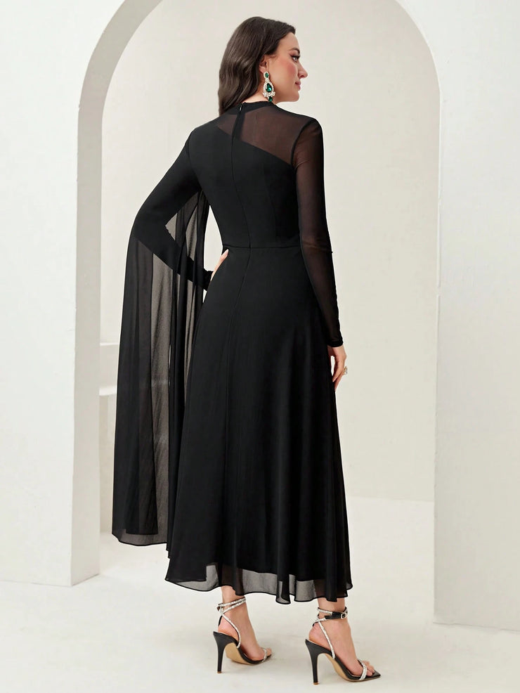 Modelyn Burgundy Red Contrast Mesh Ruched Dress With Sleeves Dress Long Evening Dresses