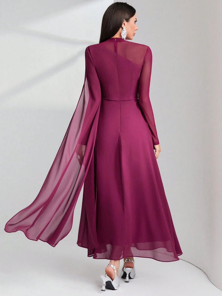 Modelyn Burgundy Red Contrast Mesh Ruched Dress With Sleeves Dress Long Evening Dresses