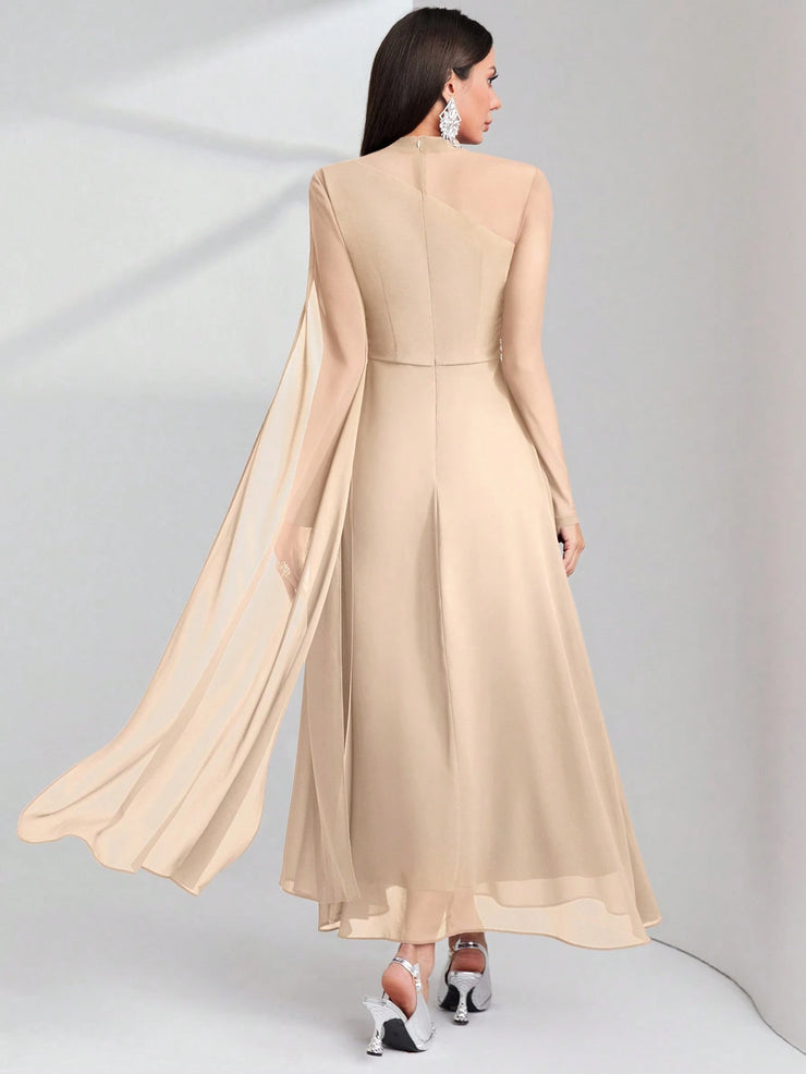Modelyn Burgundy Red Contrast Mesh Ruched Dress With Sleeves Dress Long Evening Dresses