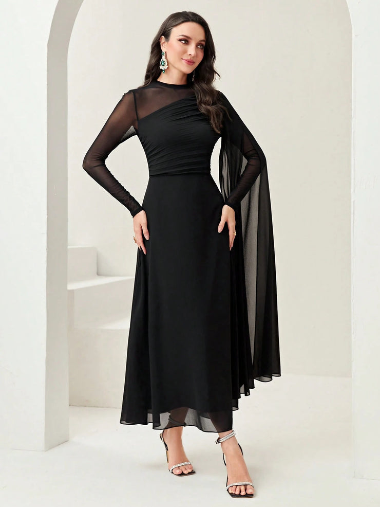 Modelyn Burgundy Red Contrast Mesh Ruched Dress With Sleeves Dress Long Evening Dresses