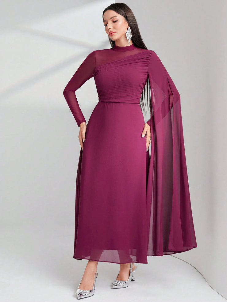 Modelyn Burgundy Red Contrast Mesh Ruched Dress With Sleeves Dress Long Evening Dresses