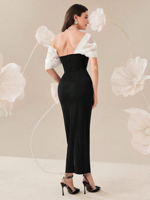 Modelyn Elegant Color Block Splice Women's Summer Long Dress With Rhinestone Decoration