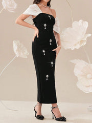 Modelyn Elegant Color Block Splice Women's Summer Long Dress With Rhinestone Decoration