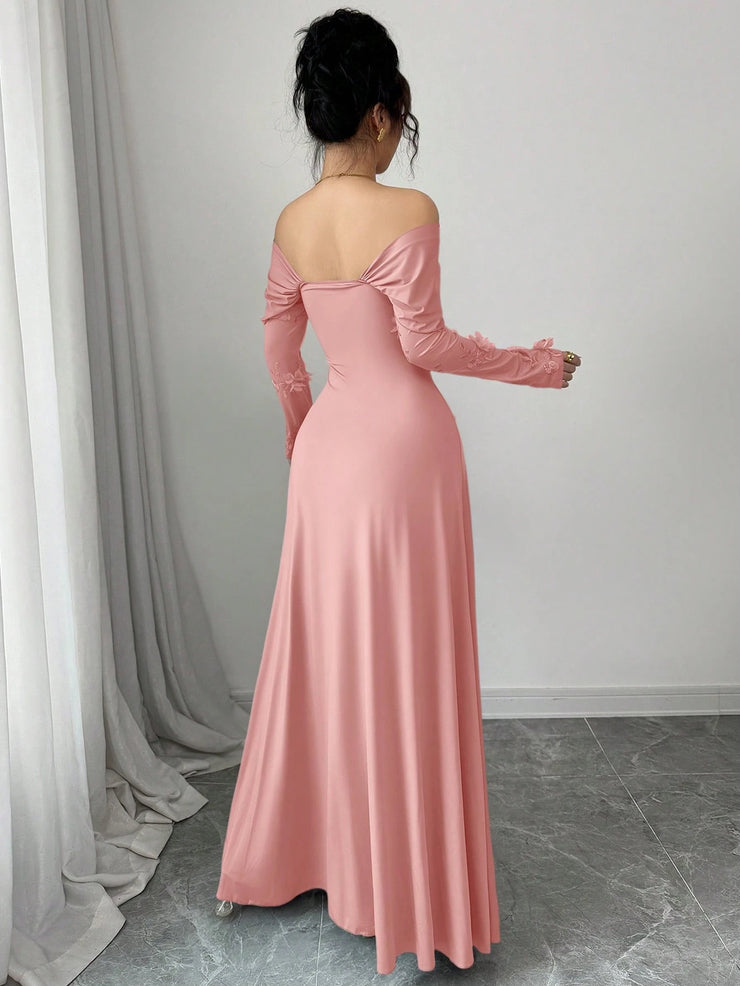 Modelyn Mesh Off Shoulder Pleated Fitted Long Sleeve Dress For Women