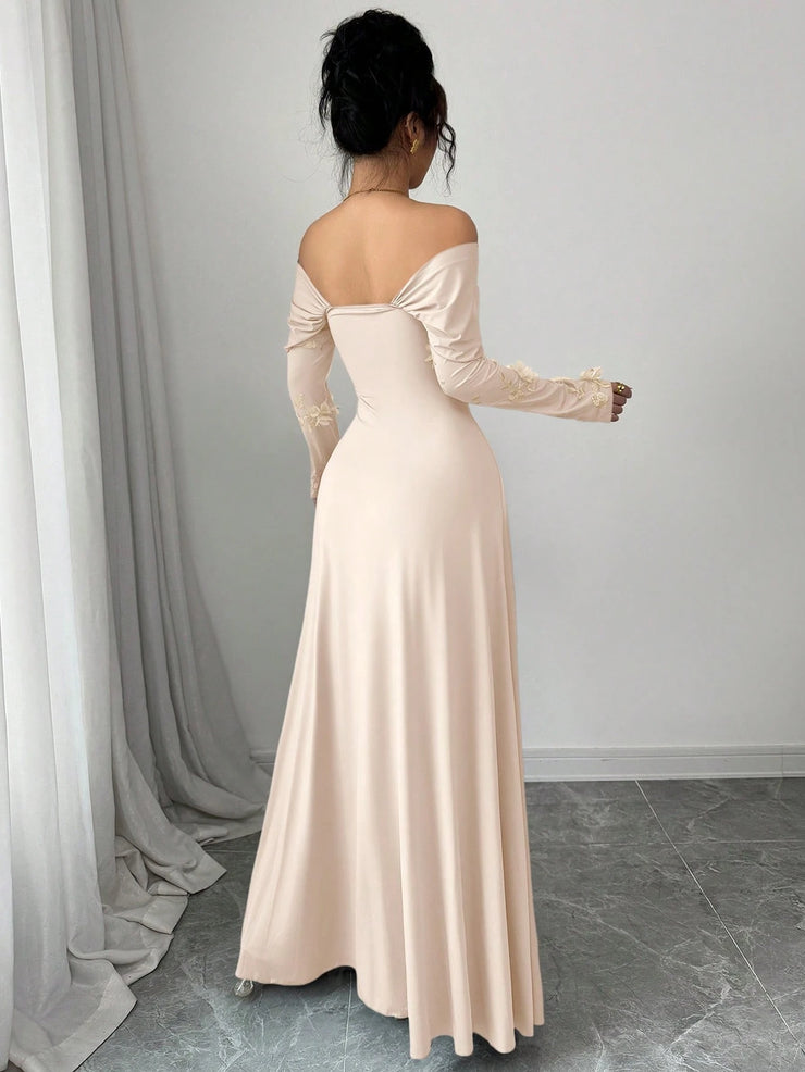 Modelyn Mesh Off Shoulder Pleated Fitted Long Sleeve Dress For Women