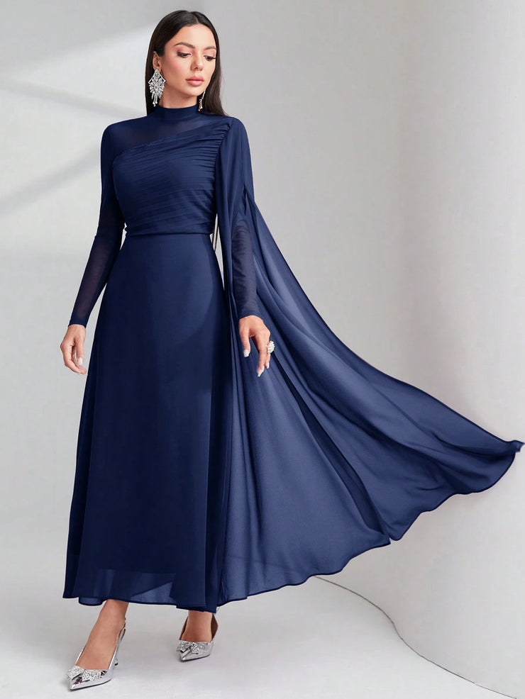 Modelyn Burgundy Red Contrast Mesh Ruched Dress With Sleeves Dress Long Evening Dresses