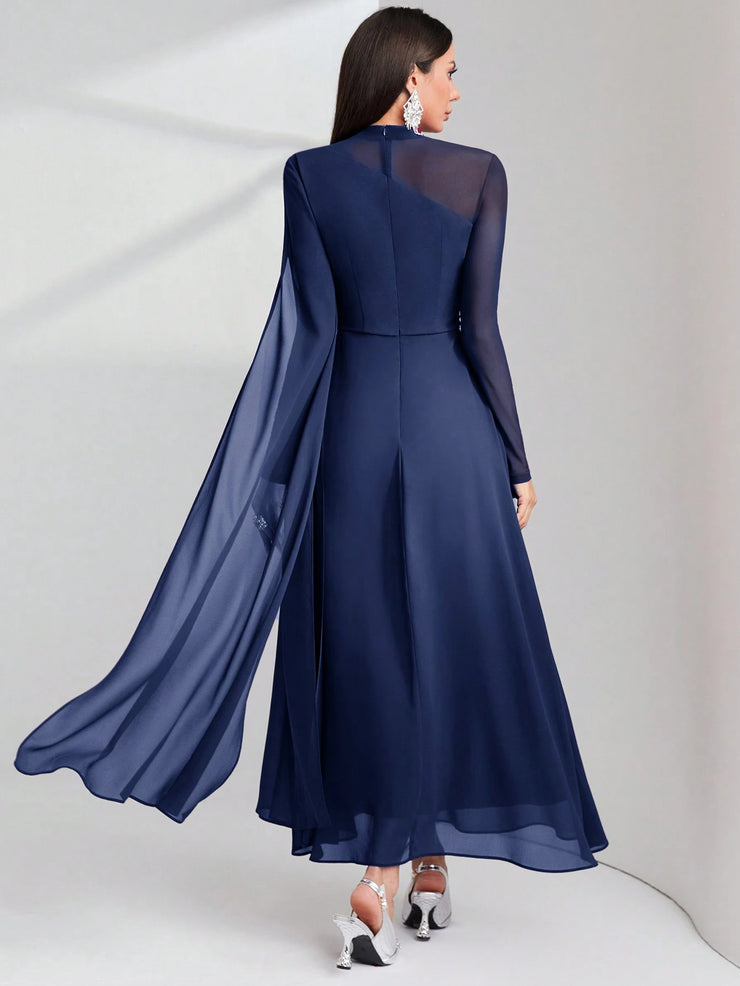 Modelyn Burgundy Red Contrast Mesh Ruched Dress With Sleeves Dress Long Evening Dresses