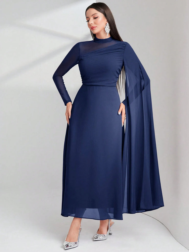 Modelyn Burgundy Red Contrast Mesh Ruched Dress With Sleeves Dress Long Evening Dresses