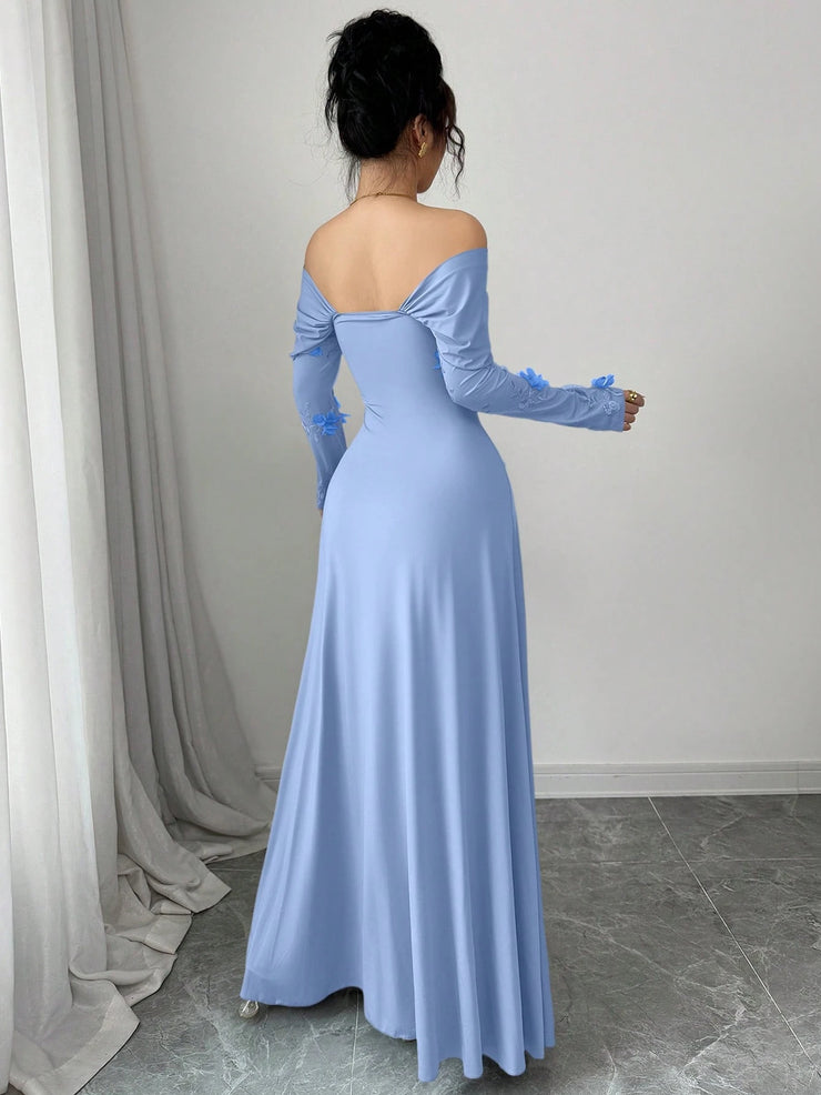Modelyn Mesh Off Shoulder Pleated Fitted Long Sleeve Dress For Women