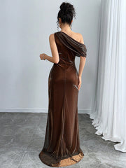 Modelyn Women Plain Asymmetrical Neckline Ruffle High Slit Dress