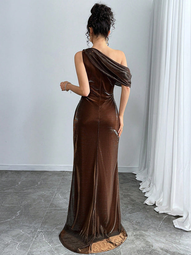 Modelyn Women Plain Asymmetrical Neckline Ruffle High Slit Dress