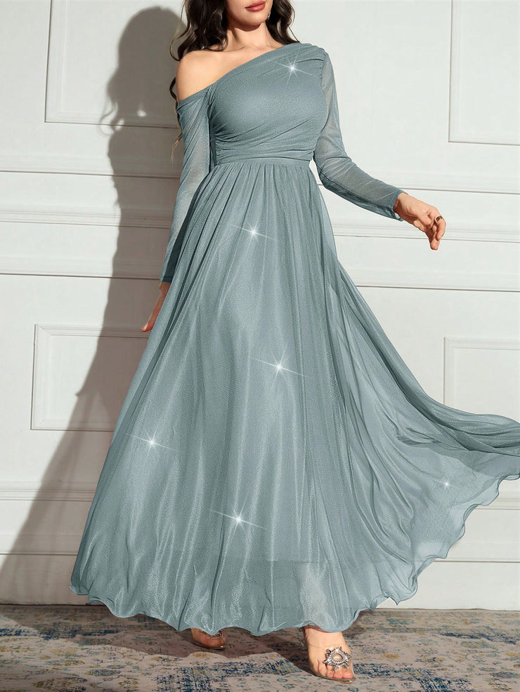 Modelyn Women's Solid Color Asymmetrical Neck Sparkly Glamorous Elegant Dress.
