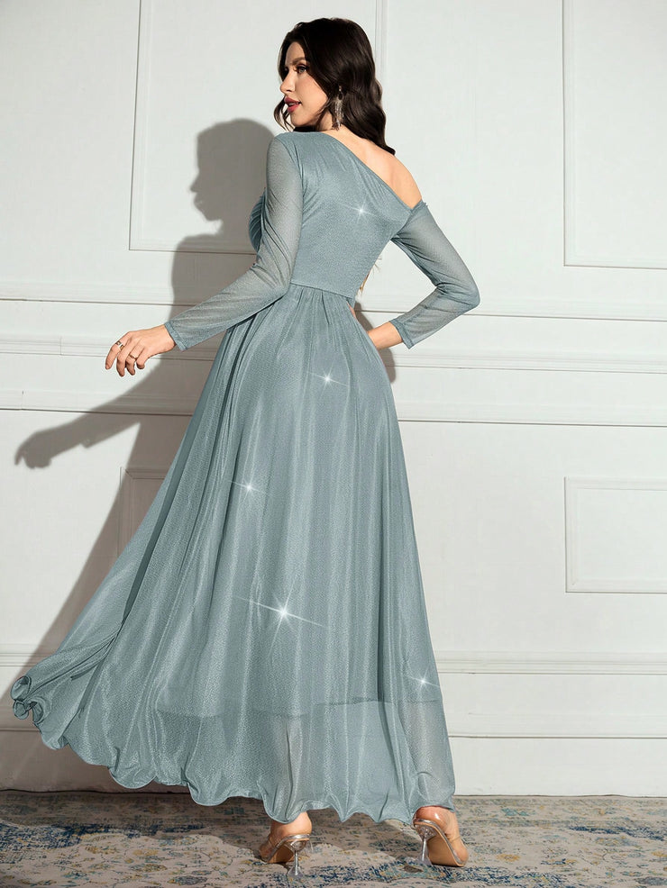 Modelyn Women's Solid Color Asymmetrical Neck Sparkly Glamorous Elegant Dress.
