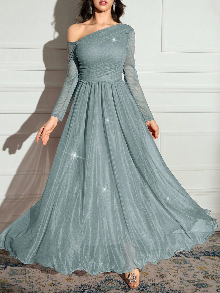 Modelyn Women's Solid Color Asymmetrical Neck Sparkly Glamorous Elegant Dress.