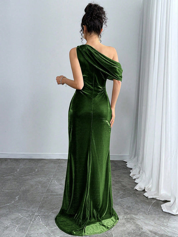 Modelyn Women Plain Asymmetrical Neckline Ruffle High Slit Dress