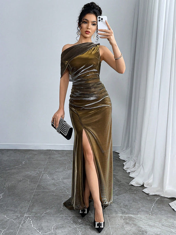 Modelyn Women Plain Asymmetrical Neckline Ruffle High Slit Dress