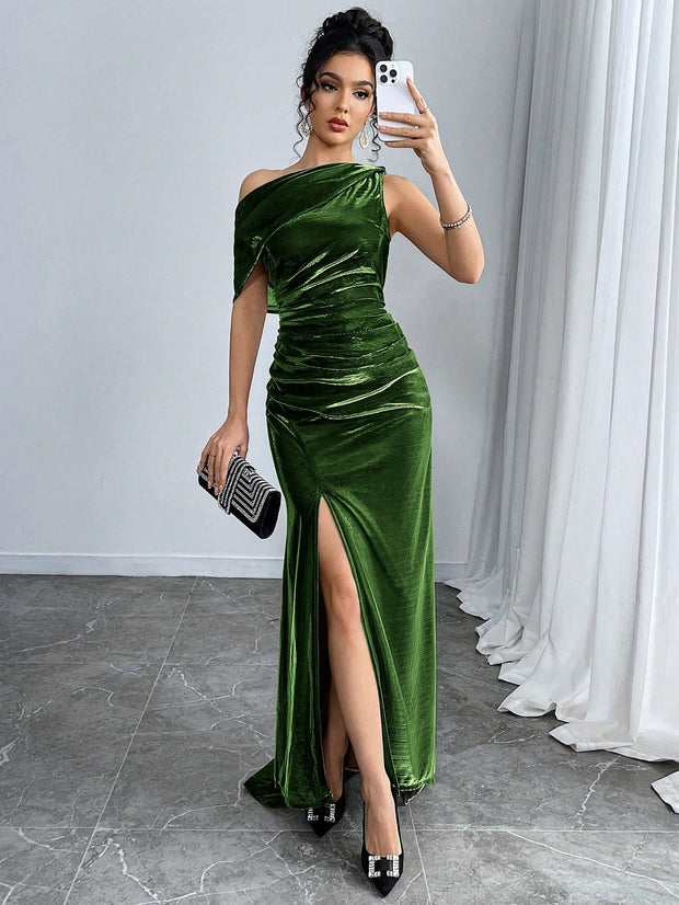 Modelyn Women Plain Asymmetrical Neckline Ruffle High Slit Dress
