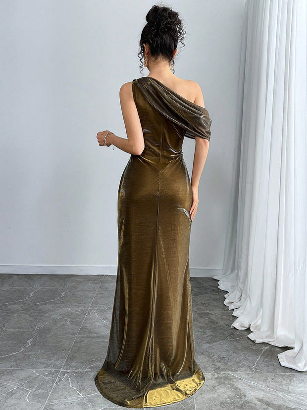 Modelyn Women Plain Asymmetrical Neckline Ruffle High Slit Dress