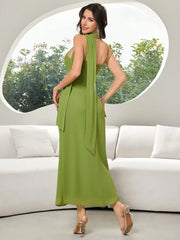 Modelyn Women's Solid Color 3D Floral Decor Pleated Elegant Maxi Slip Dress