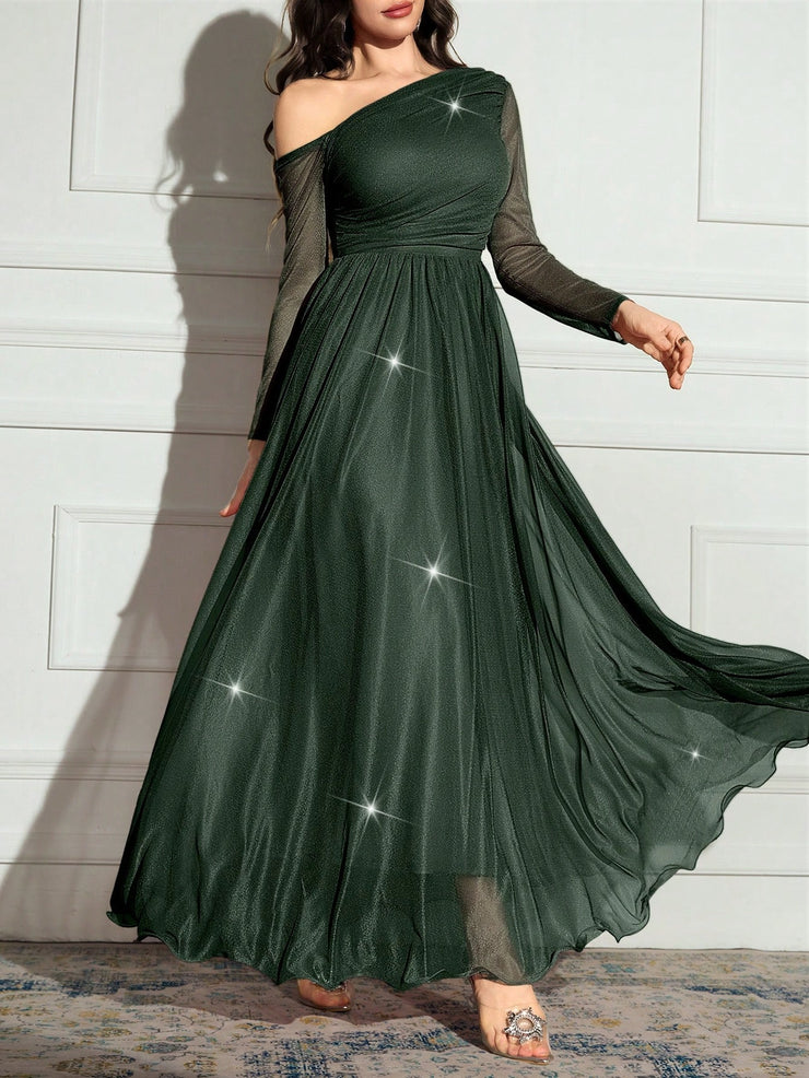 Modelyn Women's Solid Color Asymmetrical Neck Sparkly Glamorous Elegant Dress.