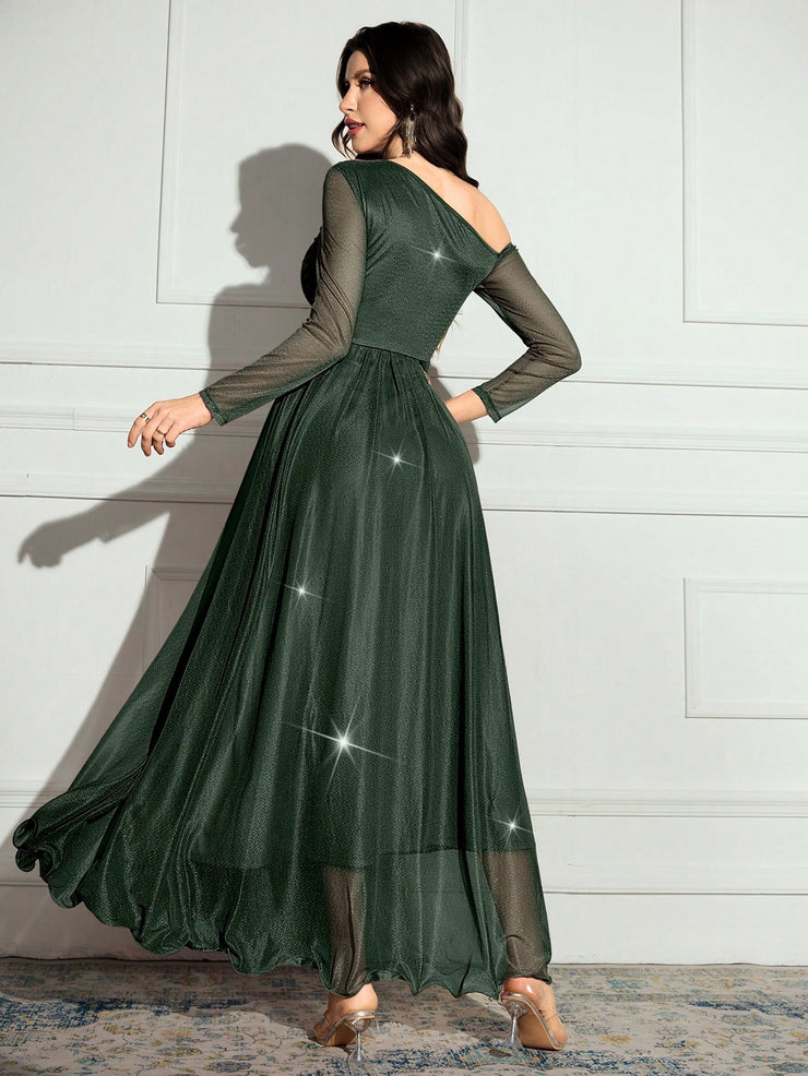 Modelyn Women's Solid Color Asymmetrical Neck Sparkly Glamorous Elegant Dress.