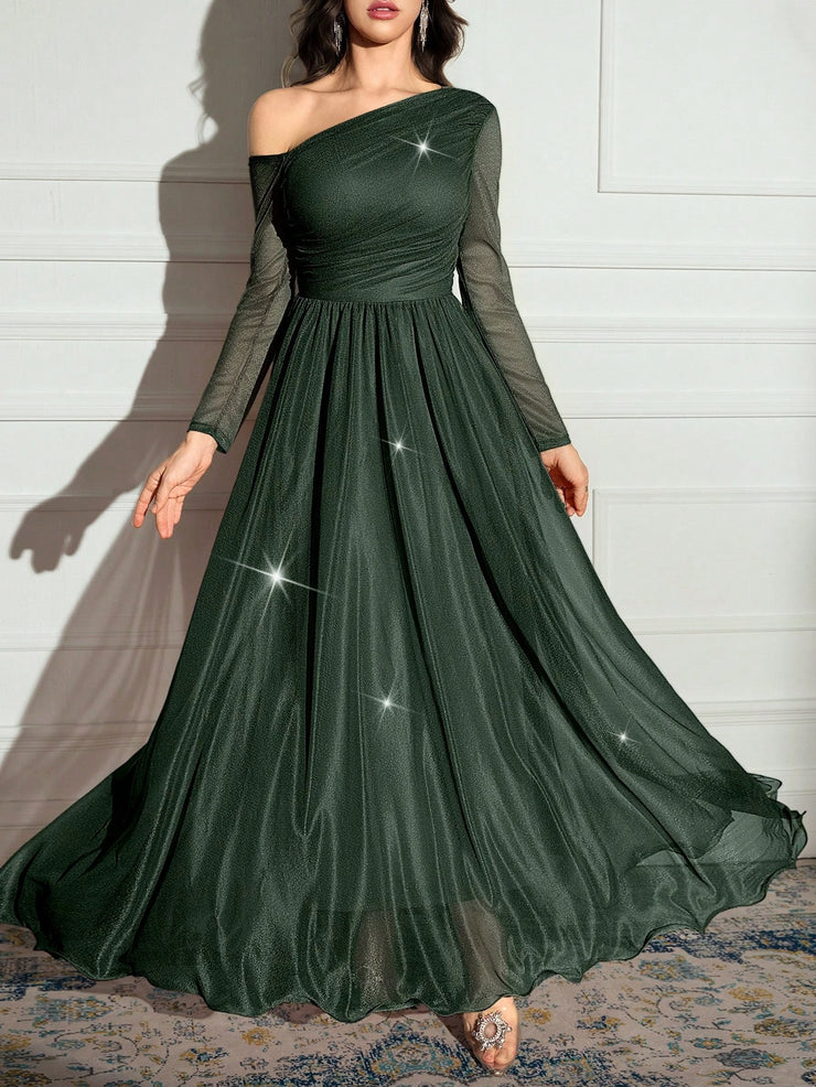 Modelyn Women's Solid Color Asymmetrical Neck Sparkly Glamorous Elegant Dress.