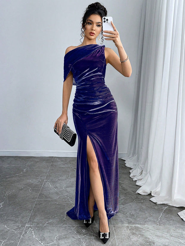 Modelyn Women Plain Asymmetrical Neckline Ruffle High Slit Dress