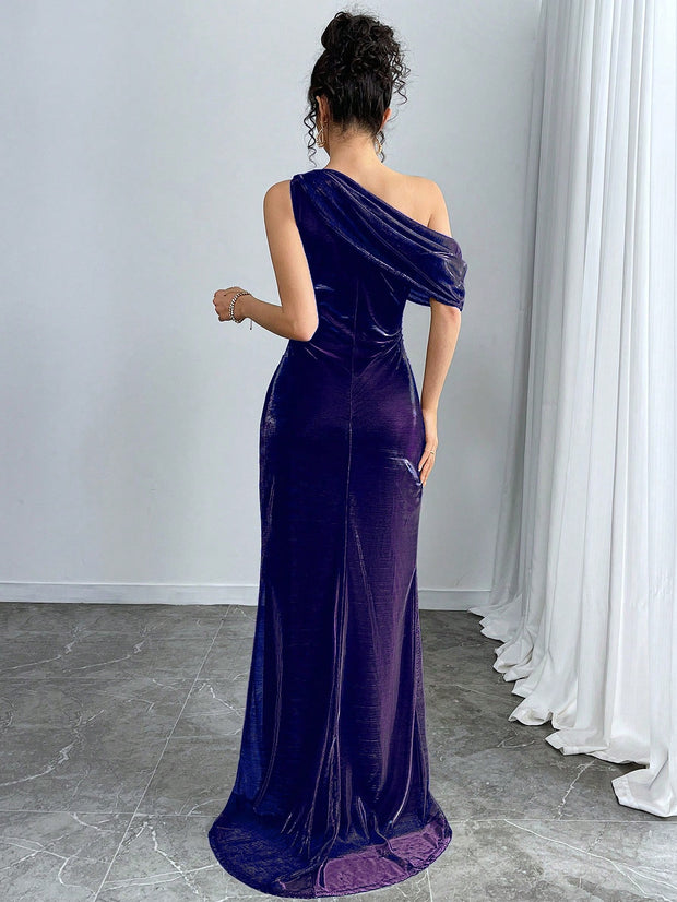 Modelyn Women Plain Asymmetrical Neckline Ruffle High Slit Dress