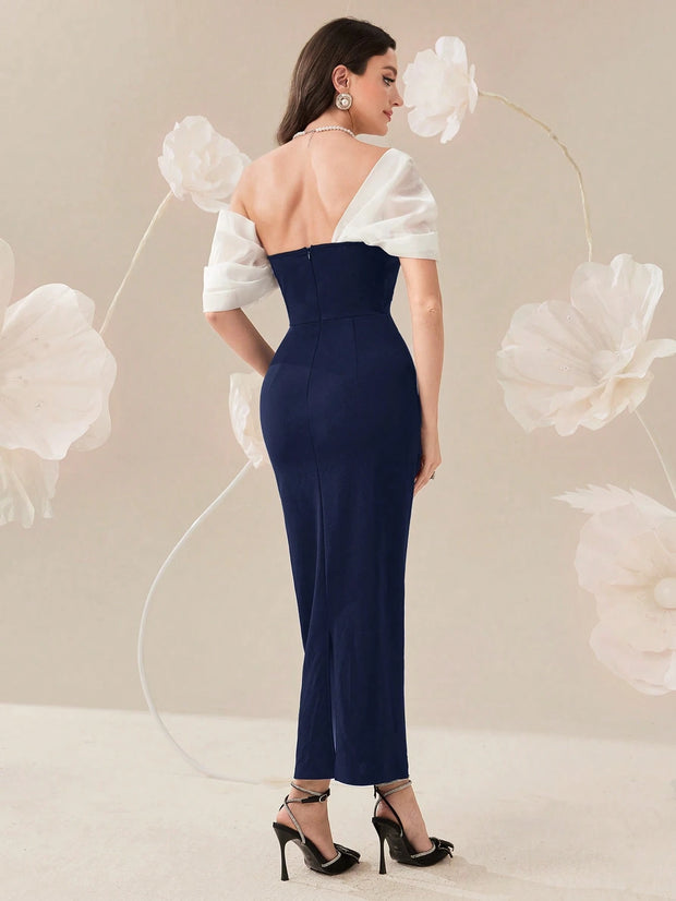 Modelyn Elegant Color Block Splice Women's Summer Long Dress With Rhinestone Decoration
