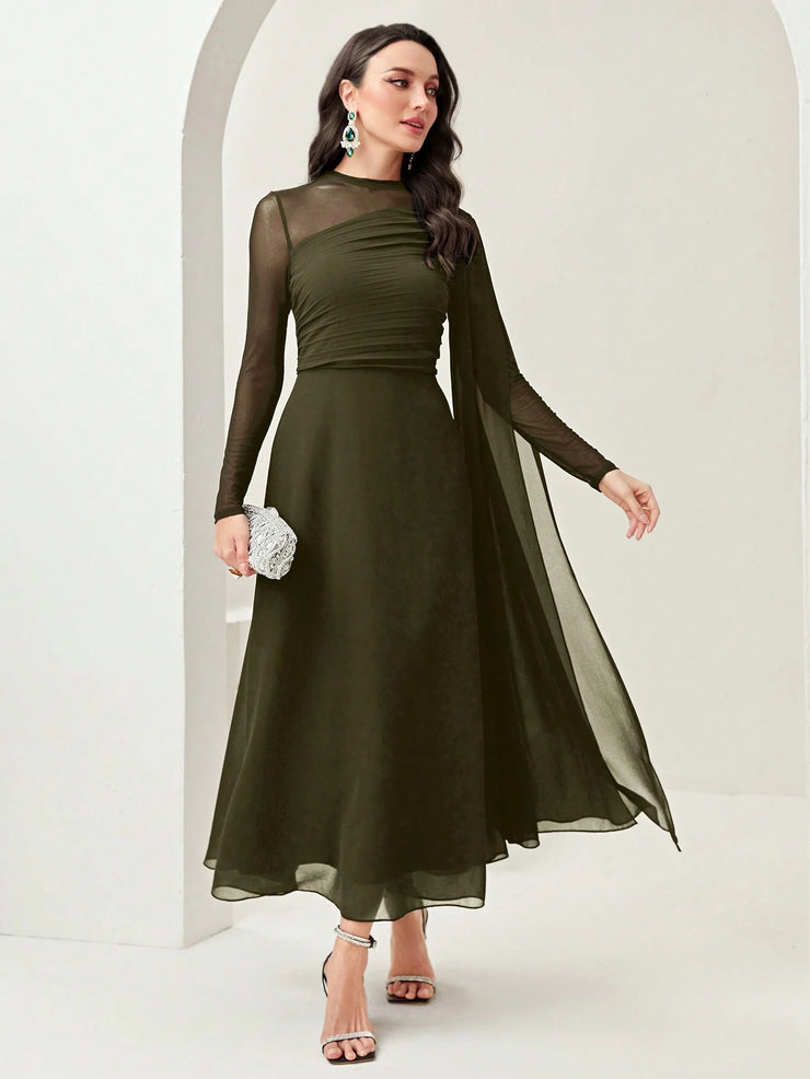 Modelyn Burgundy Red Contrast Mesh Ruched Dress With Sleeves Dress Long Evening Dresses