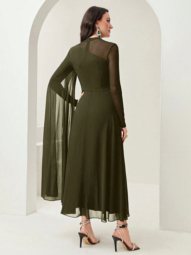 Modelyn Burgundy Red Contrast Mesh Ruched Dress With Sleeves Dress Long Evening Dresses