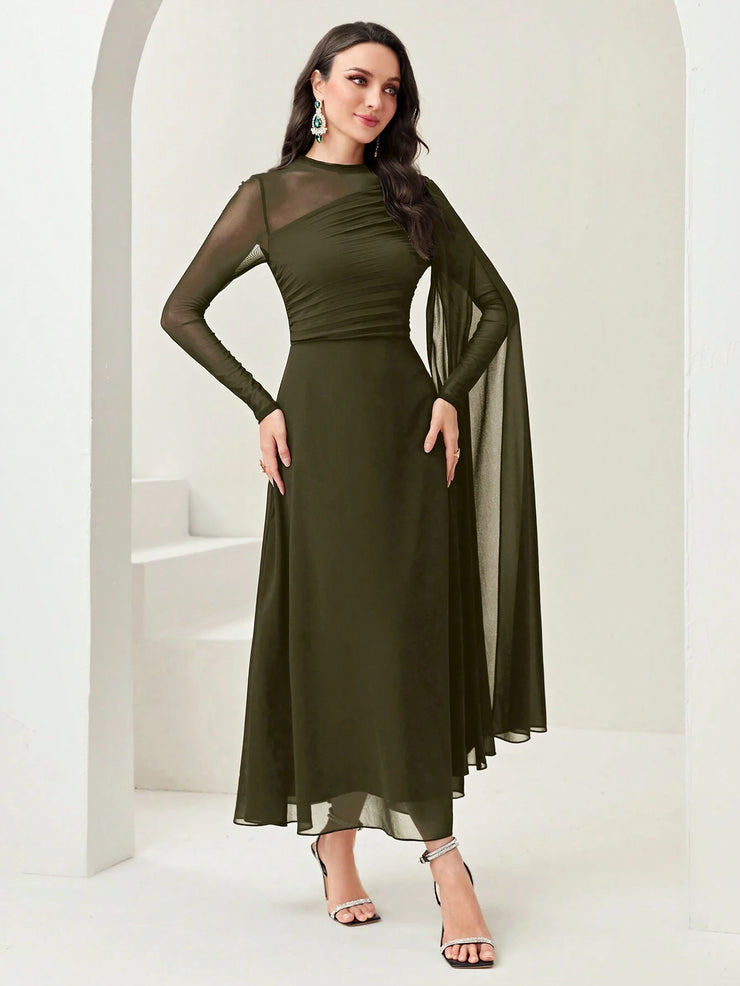 Modelyn Burgundy Red Contrast Mesh Ruched Dress With Sleeves Dress Long Evening Dresses