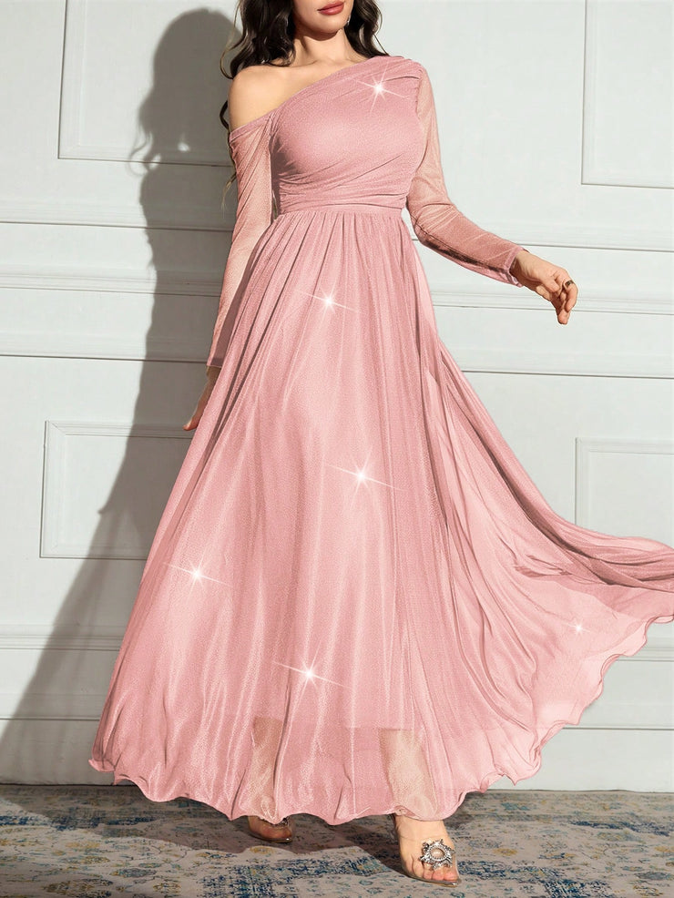 Modelyn Women's Solid Color Asymmetrical Neck Sparkly Glamorous Elegant Dress.