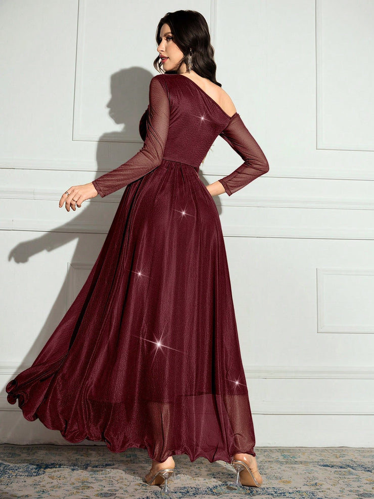 Modelyn Women's Solid Color Asymmetrical Neck Sparkly Glamorous Elegant Dress.